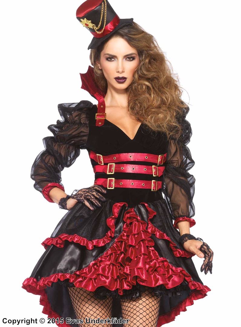 Victorian female vampire, costume dress, satin, ruffles, belt